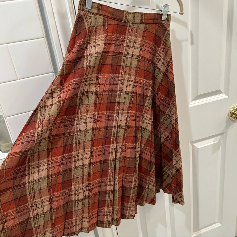 Vintage Wool Boucle Plaid Pleated A-Line Skirt Brown Burnt Orange XS - Picture 6 of 11